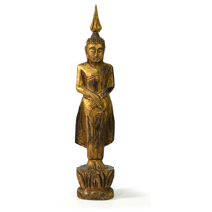 Narozeninový Buddha, neděla, teak, zlatá patina, 23cm