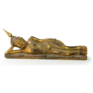Narozeninový Buddha, úterý, teak, zlatá patina, 35cm