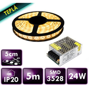 BERGE LED pásek SMD 3528 - 5m - 300LED - 4,8W/m - teplá bílá - IP20 + zdroj IP20