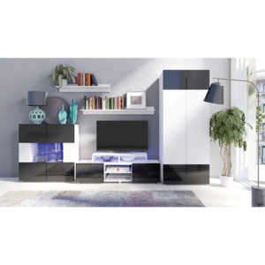 GIB Luxusní obývací stěna GORDIA sestava 5 Bílá / Bílý lesk + Černý lesk BARVA LED OSVĚTLENÍ: RGB +934Kč