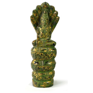 Narozeninový Buddha, sobota, teak, zelená patina, 26cm