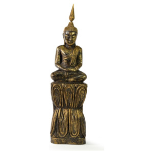 Narozeninový Buddha, čtvrtek, teak, černo-zlatá patina, 26cm