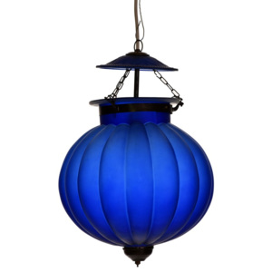 Skleněná lampa, matně modrá, mosazné prvky, prům. 30cm, výška 44cm