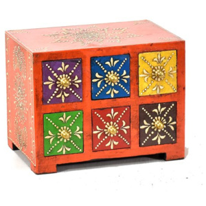 Ručně malovaná dřevěná skříňka se šesti šuplíky, 19x14x14cm
