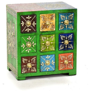 Ručně malovaná dřevěná skříňka s devíti šuplíky, 19x14x22cm