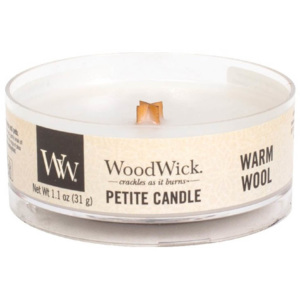 WoodWick - vonná svíčka Petite, Hřejivá vlna 31g (Warm Wool. Snové vůně teplé vlny a divokých květin zvou k hlubokému nádechu a relaxaci.)