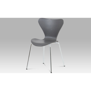 Jídelní židle, šedý plast s imitací dřeva / chrom