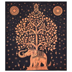 Přehoz na postel, Slon a strom života, oranžový, 200x230cm