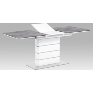 Jídelní stůl 140+40x80, šedé sklo/bílý vysoký lesk MDF/broušený nerez