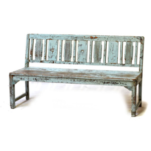 Stará lavička z teakového dřeva, tyrkysová patina, 164x56x90cm