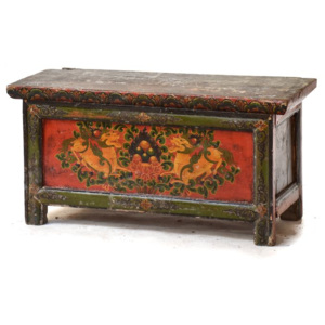 Ručně malovaný antik rituální stolek z centrálního Tibetu, borovice, 88x36x44cm