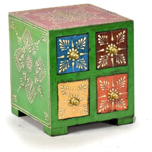 Ručně malovaná dřevěná skříňka se čtyřmi šuplíky, 14x14x14cm