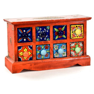 Skříňka s 8 keramickými šuplíky, ručně malovaná, dřevo, 30x12x18cm