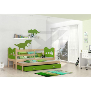 Dětská dřevěná postel FOX P2 + matrace + rošt ZDARMA, 184x80, borovice/motýl/zelená