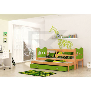 Dětská dřevěná postel FOX P2 + matrace + rošt ZDARMA, 184x80, olše/srdce/zelená