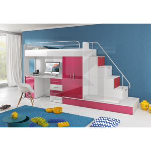 Dětská patrová postel DARCY V, 80x200, univerzální orientace, bílá/růžová lesk