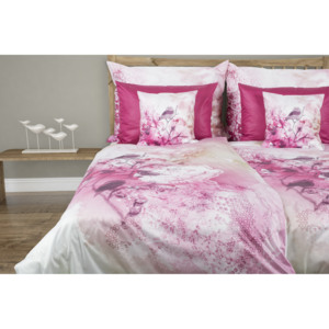 Glamonde luxusní saténové povlečení Amedea s ptáčky na růžovém keři se světlým podkladem. 140×220 cm