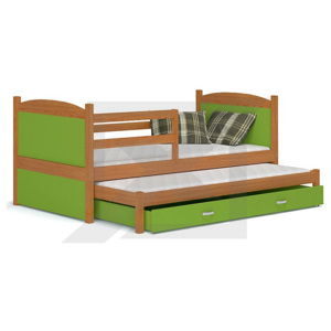 Dětská rozkládací postel MATES P2 + matrace + rošt ZDARMA, masiv, 184x80, borovice/zelená