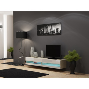 Televizní stolek VIGO NEW 180 bílá/dub sonoma SKLADEM (Moderní závěsný televizní stolek v kombinaci matné a lesklé barvy)