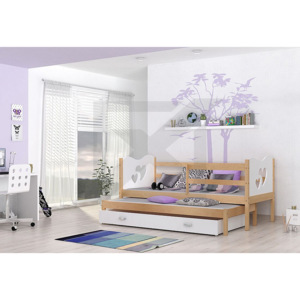 Dětská dřevěná postel FOX P2 + matrace + rošt ZDARMA, 184x80, borovice/motýl/bílá