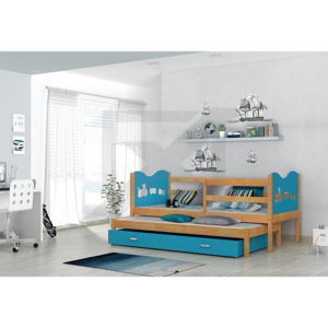 Dětská dřevěná postel FOX P2 + matrace + rošt ZDARMA, 184x80, olše/vláček/modrá