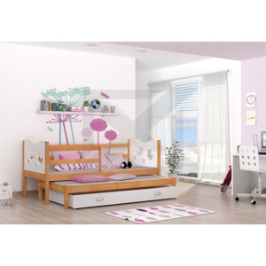 Dětská dřevěná postel FOX P2 + matrace + rošt ZDARMA, 184x80, olše/vláček/bílá