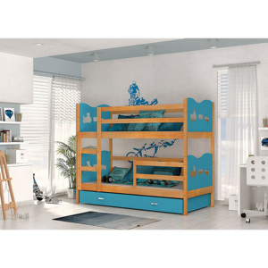 Dětská patrová postel FOX + rošt + matrace ZDARMA, 190x80, olše/modrý - vláčci