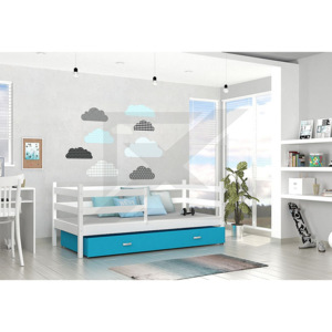 Dětská postel RACEK P color s vysokou zábranou + matrace + rošt ZDARMA, 184x80, bílá/modrá