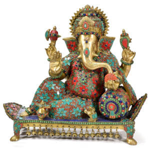 Ganesha - vykládaný polodrahokamy, socha, mosaz, 45cm