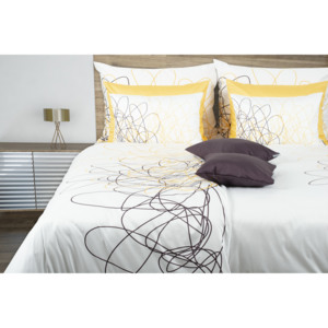 Glamonde luxusní saténové povlečení Artist s žlutohnědými liniemi na bílém podkladě. 140×220 cm