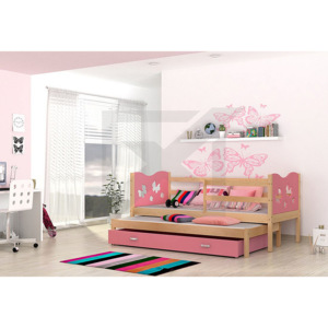Dětská dřevěná postel FOX P2 + matrace + rošt ZDARMA, 184x80, borovice/vláček/růžová