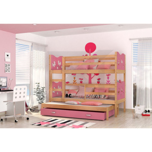 Dětská dřevěná patrová postel FOX 3 + matrace + rošt ZDARMA, 184x80, borovice/motýl/růžová