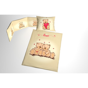 Glamonde luxusní saténové povlečení Timeus s roztomilými medvídky a červenými srdíčky na béžovém podkladě. 140×200 cm