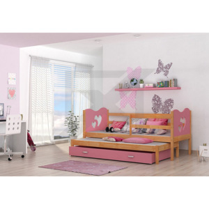 Dětská dřevěná postel FOX P2 + matrace + rošt ZDARMA, 184x80, olše/srdce/růžová