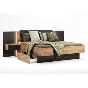 Manželská postel DOTA + rošt a deska s nočními stolky, 180x200, dub Kraft/šedá