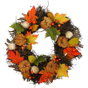 Věnec podzimní dekorační, 38 cm (Krásný umělý dekorační věnec v nádherných podzimních barvách.)