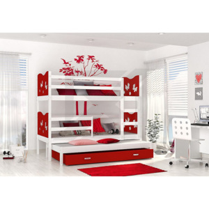 Dětská patrová postel FOX 3 color + matrace + rošt ZDARMA, 184x80, bílá/motýl/červená