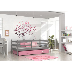 Dětská postel RACEK P color s vysokou zábranou + matrace + rošt ZDARMA, 184x80, šedá/růžová