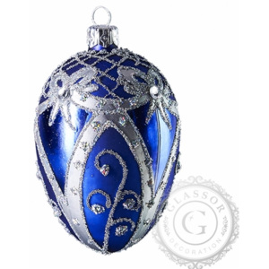 Skleněná kraslice modrá stříbrný dekor