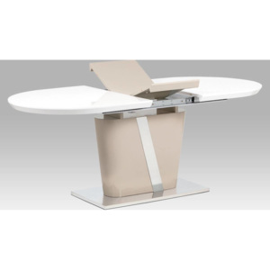 Rozkládací jídelní stůl 160+40x90 cm, vysoký lesk cappuccino + bílá / broušený nerez HT-238 CAP Art