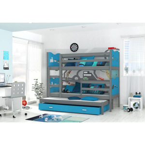 Dětská patrová postel FOX 3 color + matrace + rošt ZDARMA, 184x80, šedá/srdce/modrá