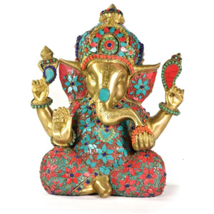 Ganesha, mosazná socha vykládaná polodrahokamy, 29cm