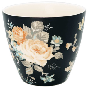 Green Gate - hrnek latte Josephine Black 350 ml (Porcelánový hrneček bez ouška ruční výroby na kávu nebo čaj v novém tmavém vzoru s velkými květy "Jos