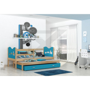 Dětská dřevěná postel FOX P2 + matrace + rošt ZDARMA, 184x80, borovice/srdce/modrá