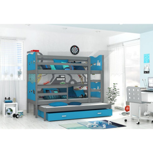 Dětská patrová postel FOX 3 color + matrace + rošt ZDARMA, 184x80, šedá/vláček/modrá