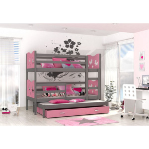 Dětská patrová postel FOX 3 color + matrace + rošt ZDARMA, 184x80, šedá/vláček/růžová