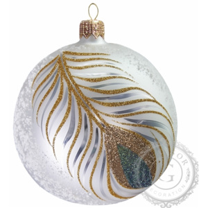 Vánoční koule bílá matná s dekorem pavího pera