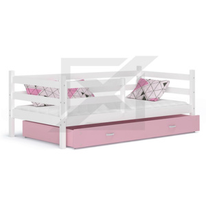 Dětská postel RACEK P color s vysokou zábranou + matrace + rošt ZDARMA, 184x80, bílá/růžová