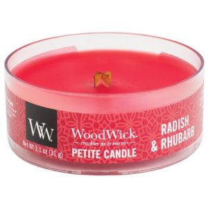 WoodWick - vonná svíčka Petite, Ředkev a rebarbora 31g (Radish & Rhubarb. Svěží buket citrusů, šťavnatých zelených tónů a utržených bobulí, který skvě