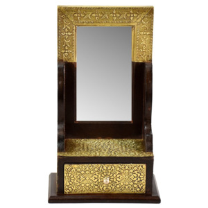 Zrcadlo s poličkou z mangového dřeva zdobené mosazným kováním, 18x10x29cm